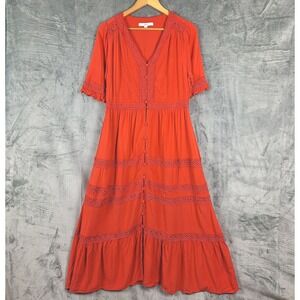 Womens Dress 6 Red Boho Chic Tiered Button Down Crochet Peasant Prairie Maxi